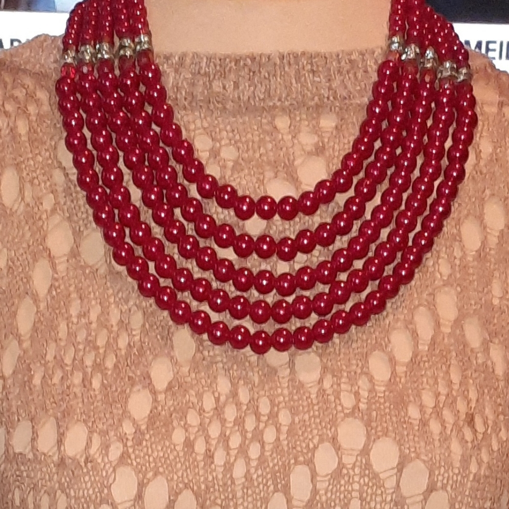 Statement Bright Beaded Red Layered Necklace Mult… - image 5